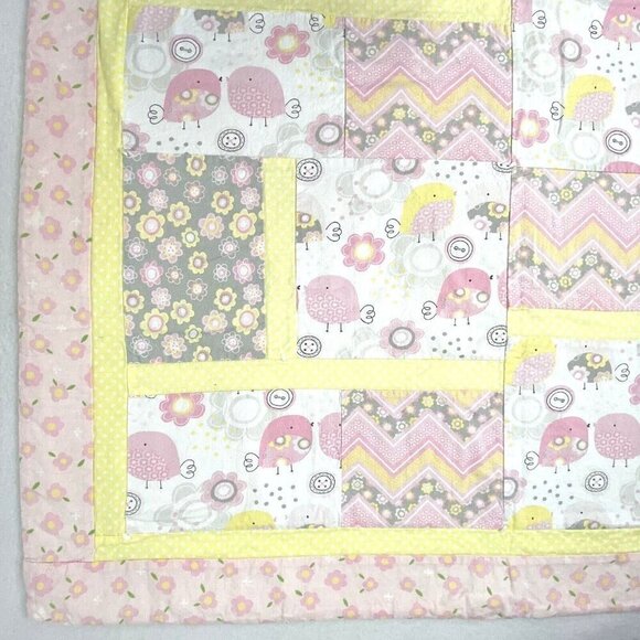 Crib Quilt Handmade Baby Birds Cotton Fabrics Patchwork 32 x 43 Pink Yellow - Picture 4 of 6